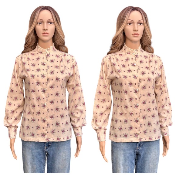 Vintage 70s Land n Sea Prairie Cottage Western Floral lace cream blouse Small 34 - Picture 7 of 12